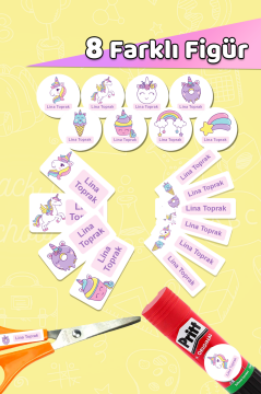 Okul Etiketi Şirin Unicorn Kalem Defter Etiketi Özel İsim Yazılabilen Etiket 245 Adet
