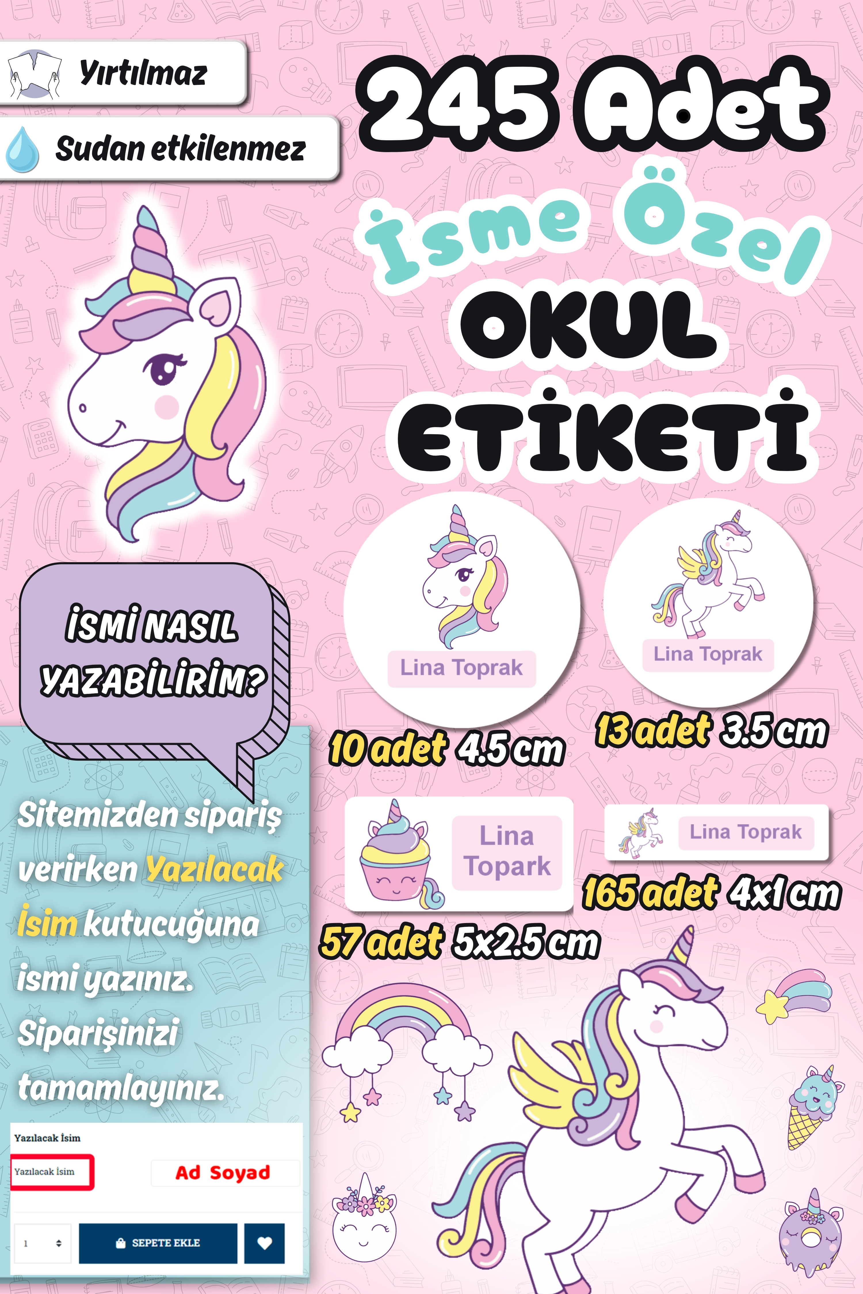 Okul Etiketi Şirin Unicorn Kalem Defter Etiketi Özel İsim Yazılabilen Etiket 245 Adet