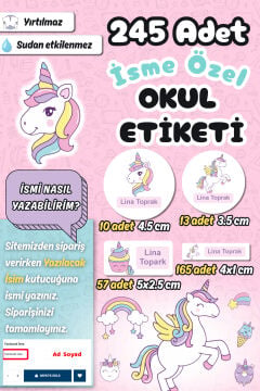 Okul Etiketi Şirin Unicorn Kalem Defter Etiketi Özel İsim Yazılabilen Etiket 245 Adet
