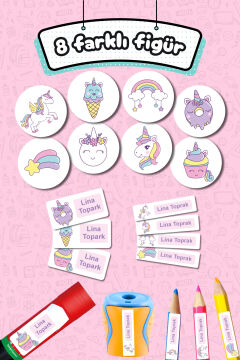 Okul Etiketi Şirin Unicorn Kalem Defter Etiketi Özel İsim Yazılabilen Etiket 245 Adet