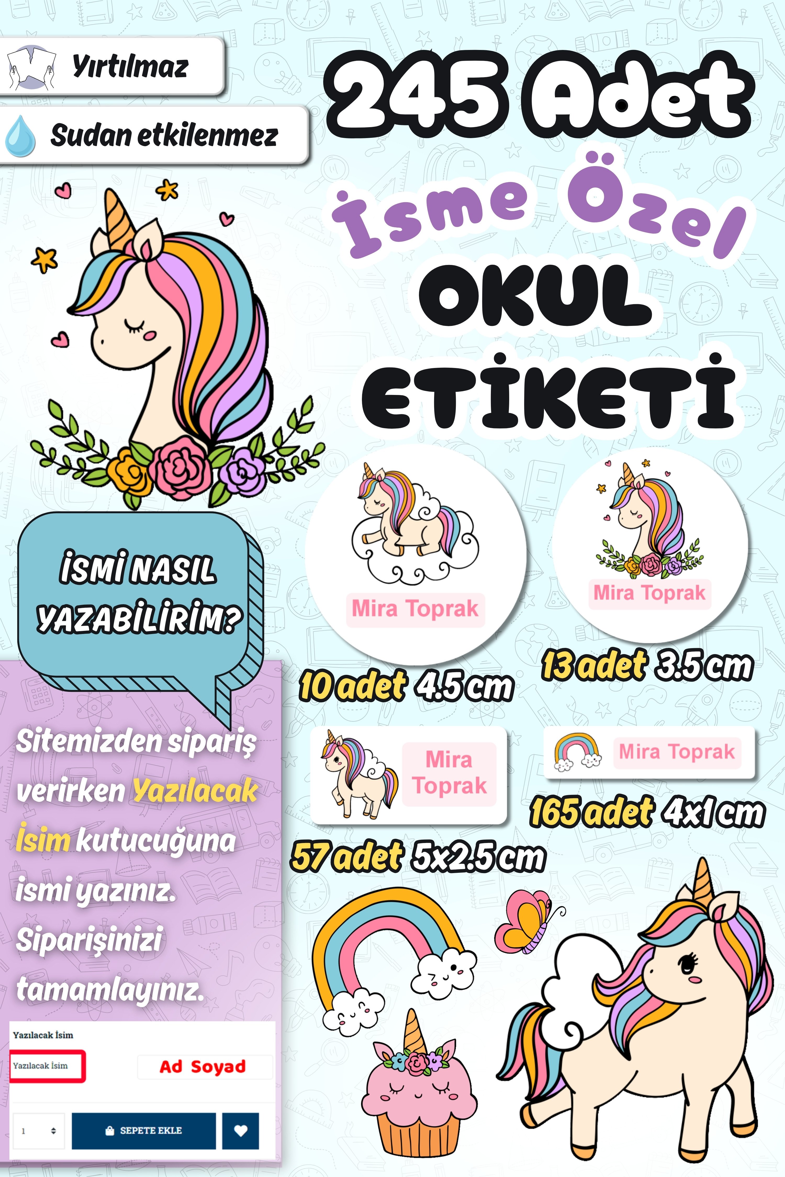 Okul Etiketi Rengarenk Unicorn Kalem Defter Etiketi Özel İsim Yazılabilen Etiket 245 Adet