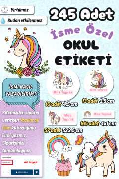 Okul Etiketi Rengarenk Unicorn Kalem Defter Etiketi Özel İsim Yazılabilen Etiket 245 Adet