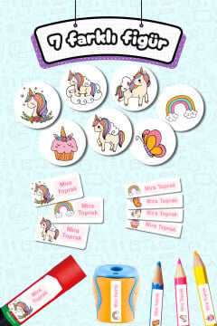 Okul Etiketi Rengarenk Unicorn Kalem Defter Etiketi Özel İsim Yazılabilen Etiket 245 Adet