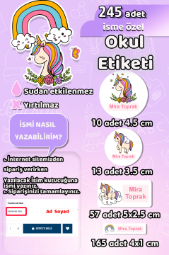 Okul Etiketi Rengarenk Unicorn Kalem Defter Etiketi Özel İsim Yazılabilen Etiket 245 Adet