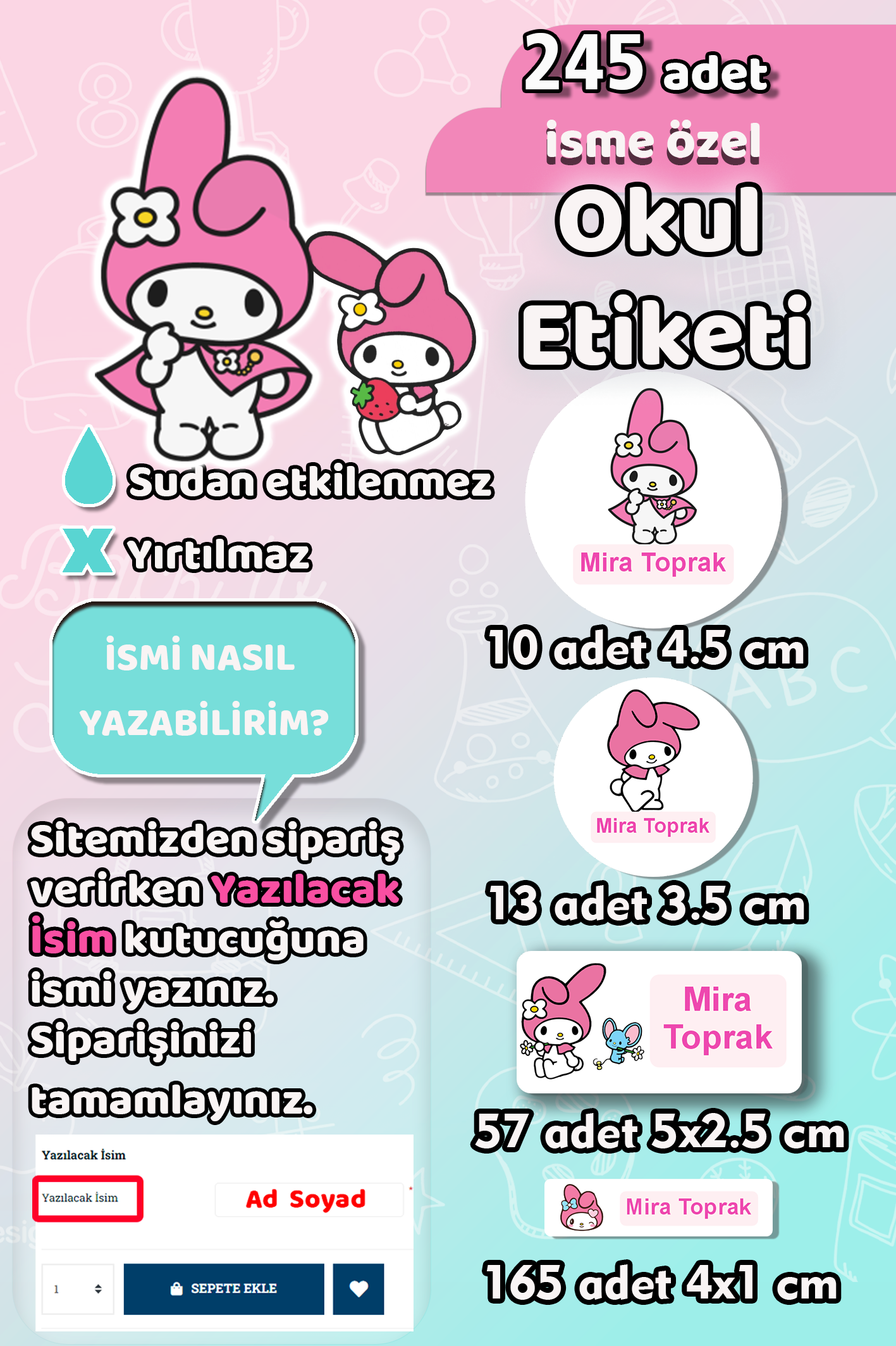 Okul Etiketi My Melody Temalı Kalem Defter Etiketi Özel İsim Yazılabilen Etiket 245 Adet