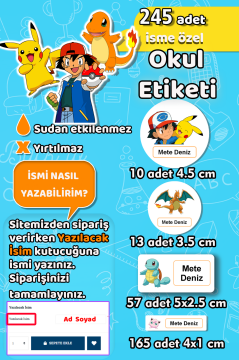 Okul Etiketi Pokemon Pikachu Temalı Kalem Defter Etiketi Özel İsim Yazılabilen Etiket 245 Adet