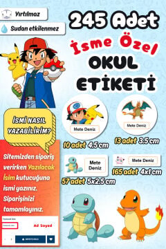 Okul Etiketi Pokemon Pikachu Temalı Kalem Defter Etiketi Özel İsim Yazılabilen Etiket 245 Adet