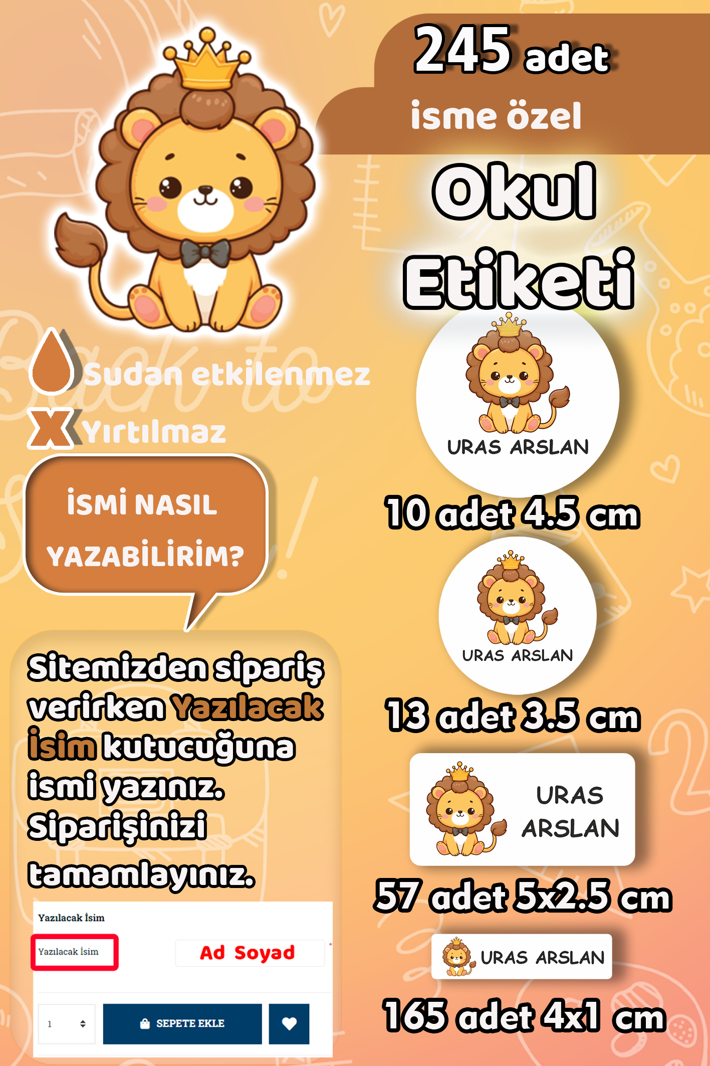 Okul Etiketi Sevimli Aslan Kalem Defter Etiketi 245 Adet İsim Etiketi