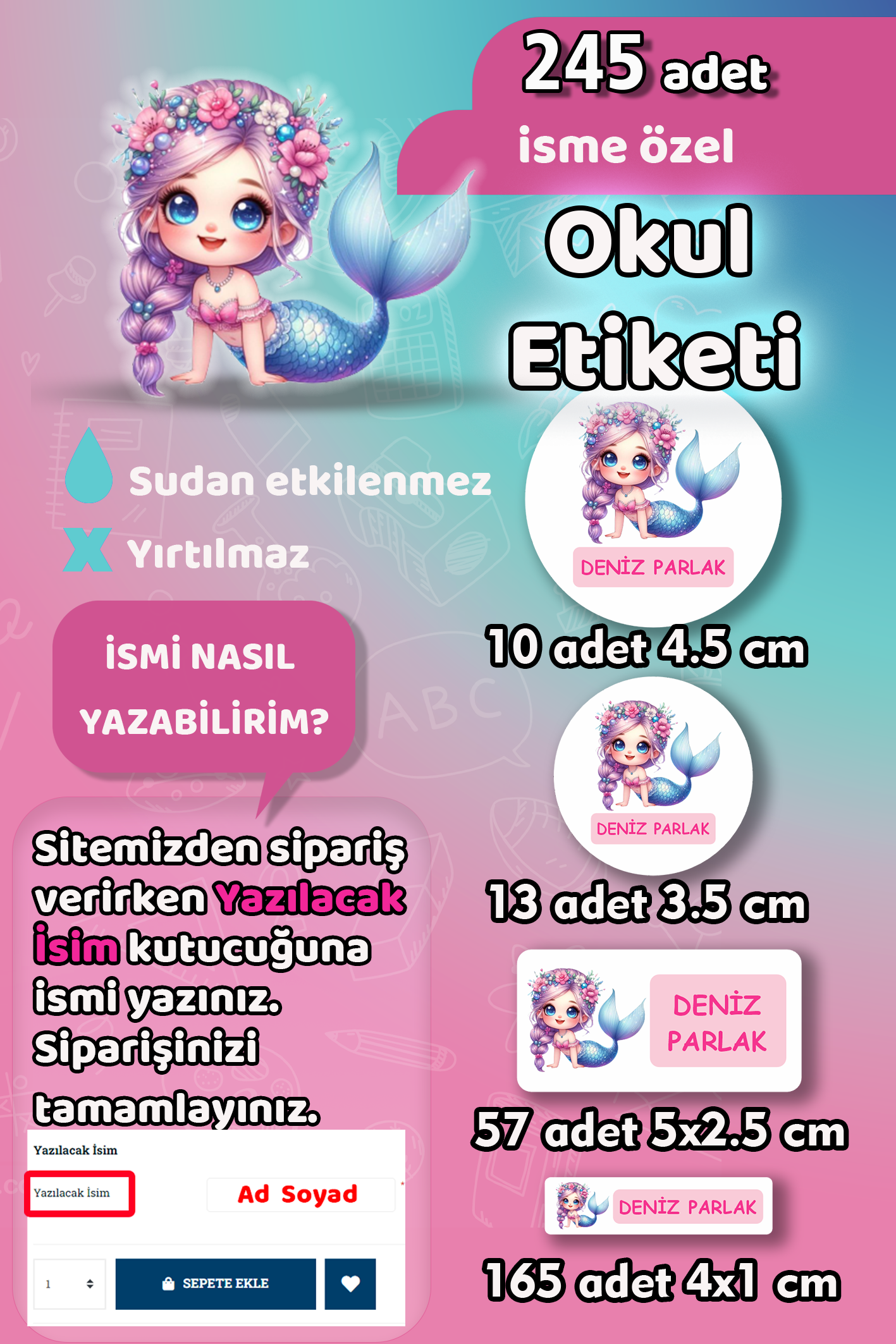 Okul Etiketi Mor Saçlı Deniz Kızı Kalem Defter Etiketi 245 Adet İsim Etiketi