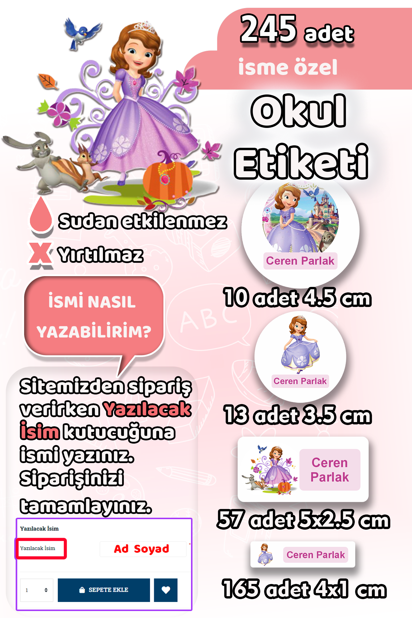 Okul Etiketi Prenses Sofia Kalem Defter Etiketi 245 Adet İsim Etiketi