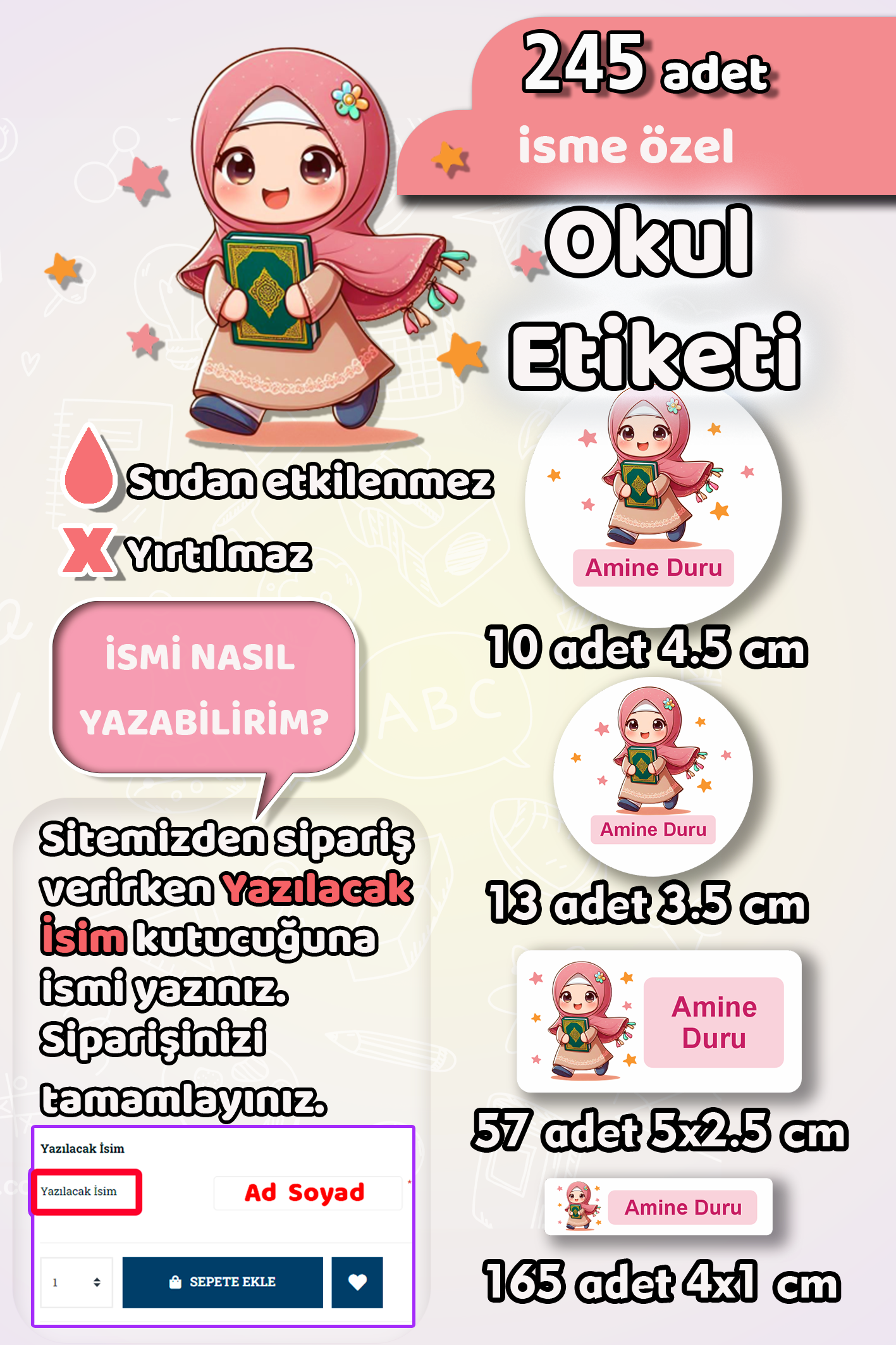Okul Etiketi Kur'an Tutan Kız Kalem Defter Etiketi 245 Adet İsim Etiketi