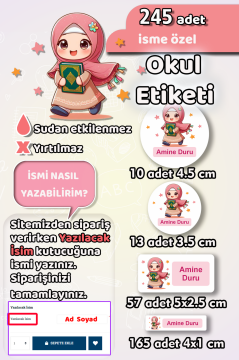 Okul Etiketi Kur'an Tutan Kız Kalem Defter Etiketi 245 Adet İsim Etiketi