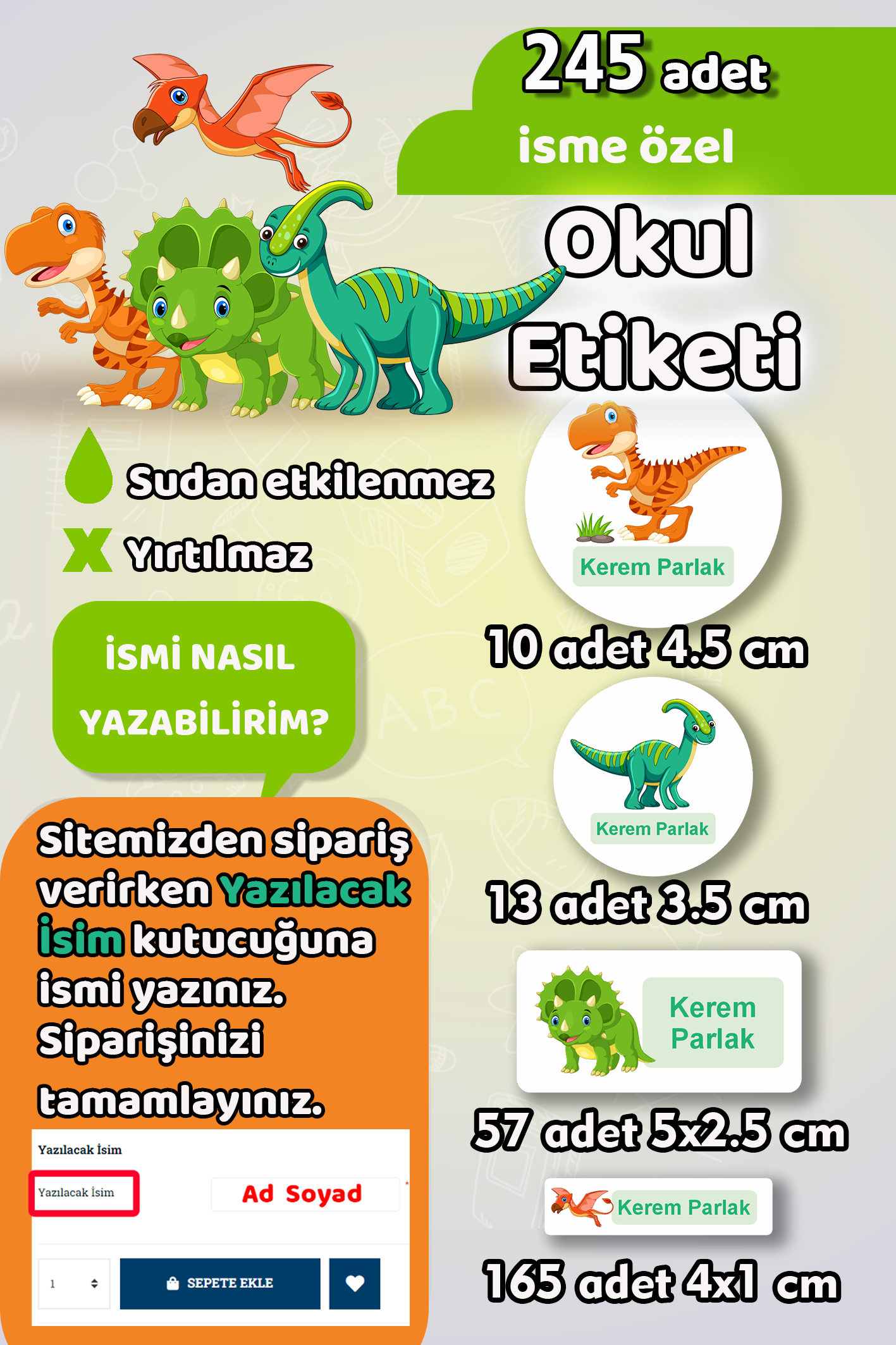 Okul Etiketi Dinozor Kalem Defter Etiketi 245 Adet Dinazor İsim Etiketi