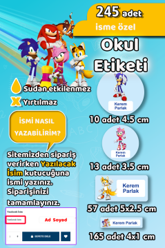 Okul Etiketi Sonic Temalı Kalem Defter Etiketi Özel İsim Yazılabilen Etiket 245 Adet İsim Etiketi