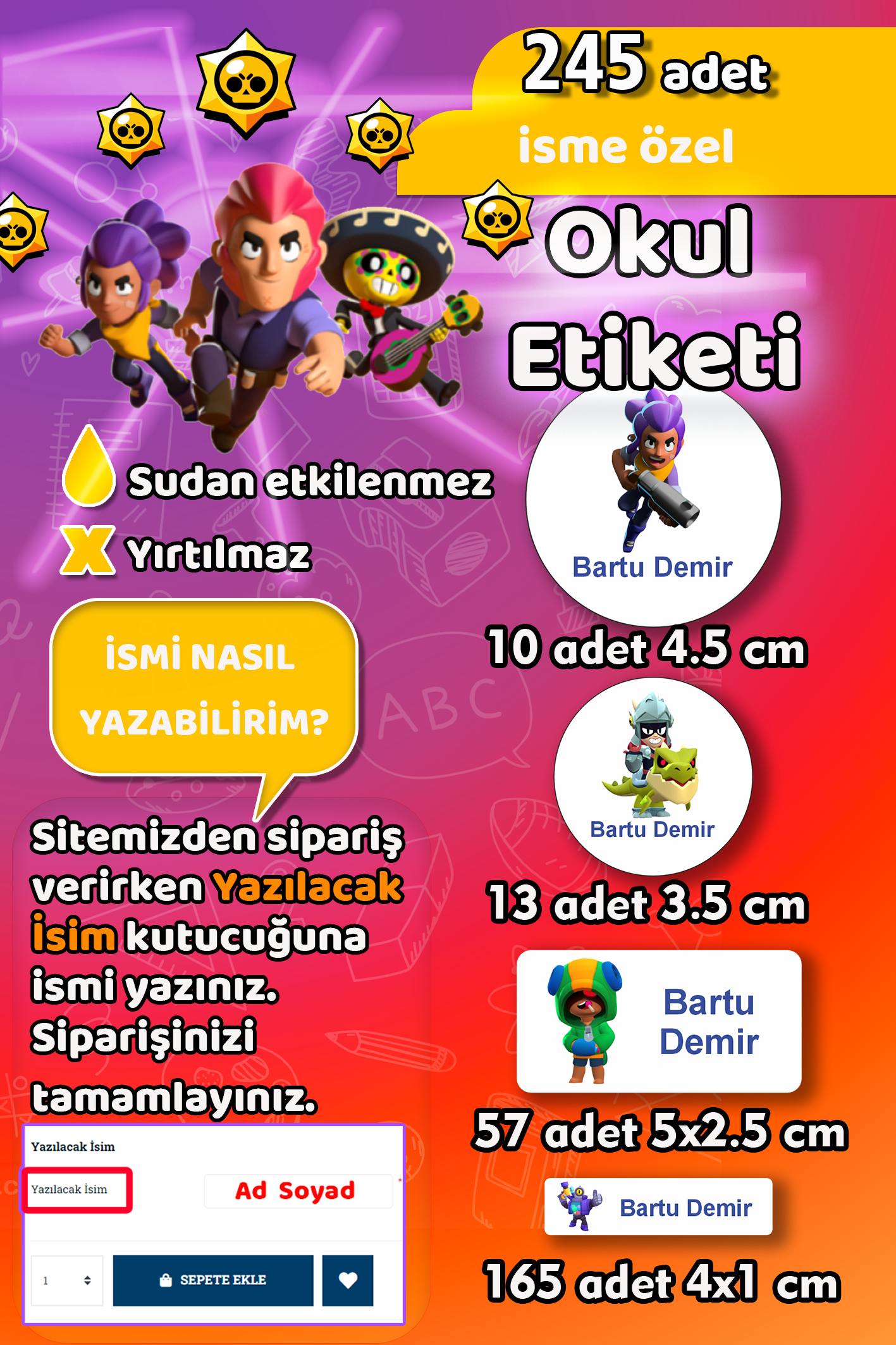 Okul Etiketi Brawl Stars Kalem Defter Etiketi 245 Adet İsim Etiketi