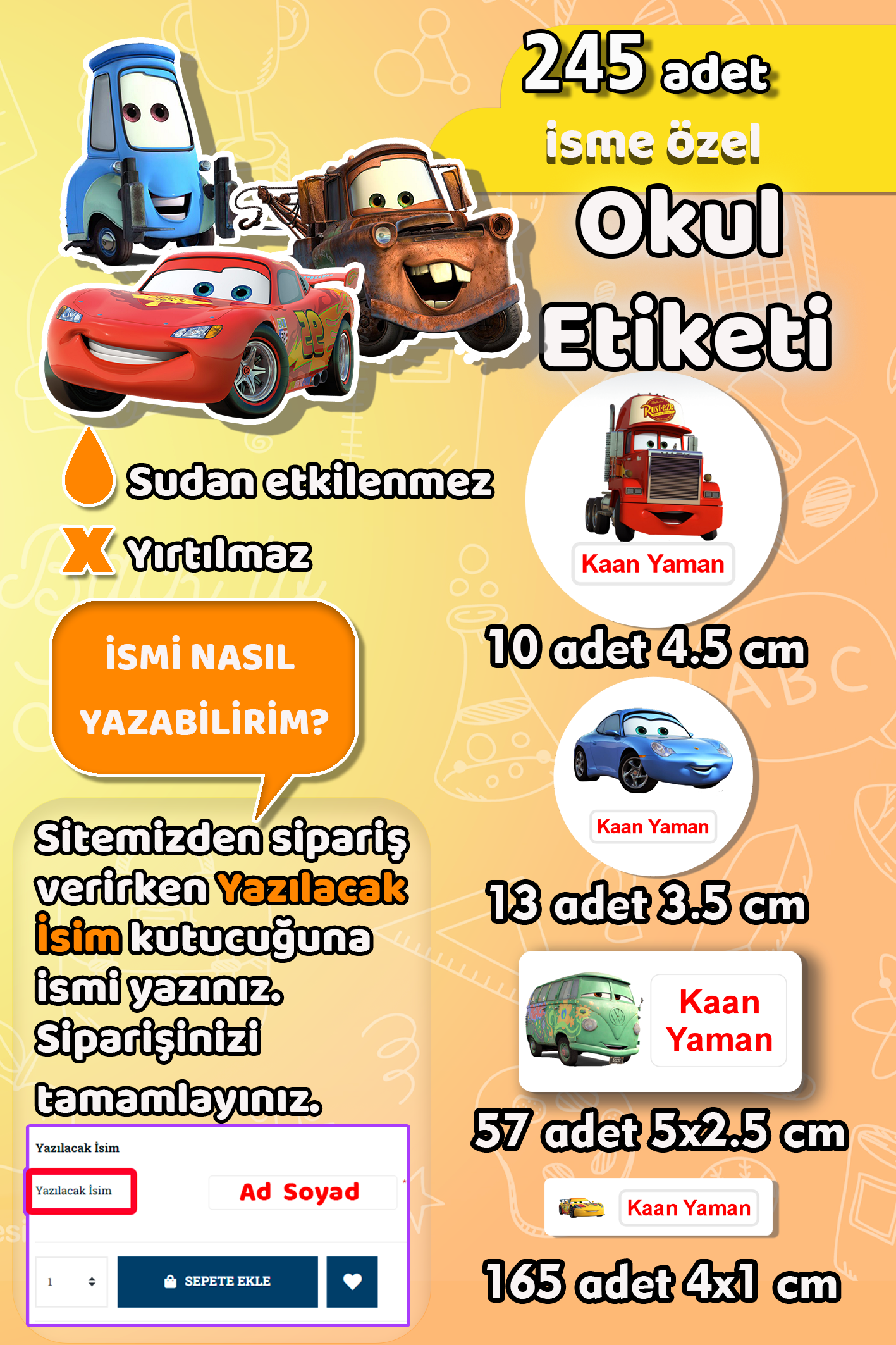 Okul Etiketi Cars Arabalar Temalı Kalem Defter Etiketi Araba Özel İsim Yazılabilen Etiket 245 Adet