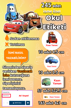 Okul Etiketi Cars Arabalar Temalı Kalem Defter Etiketi Araba Özel İsim Yazılabilen Etiket 245 Adet
