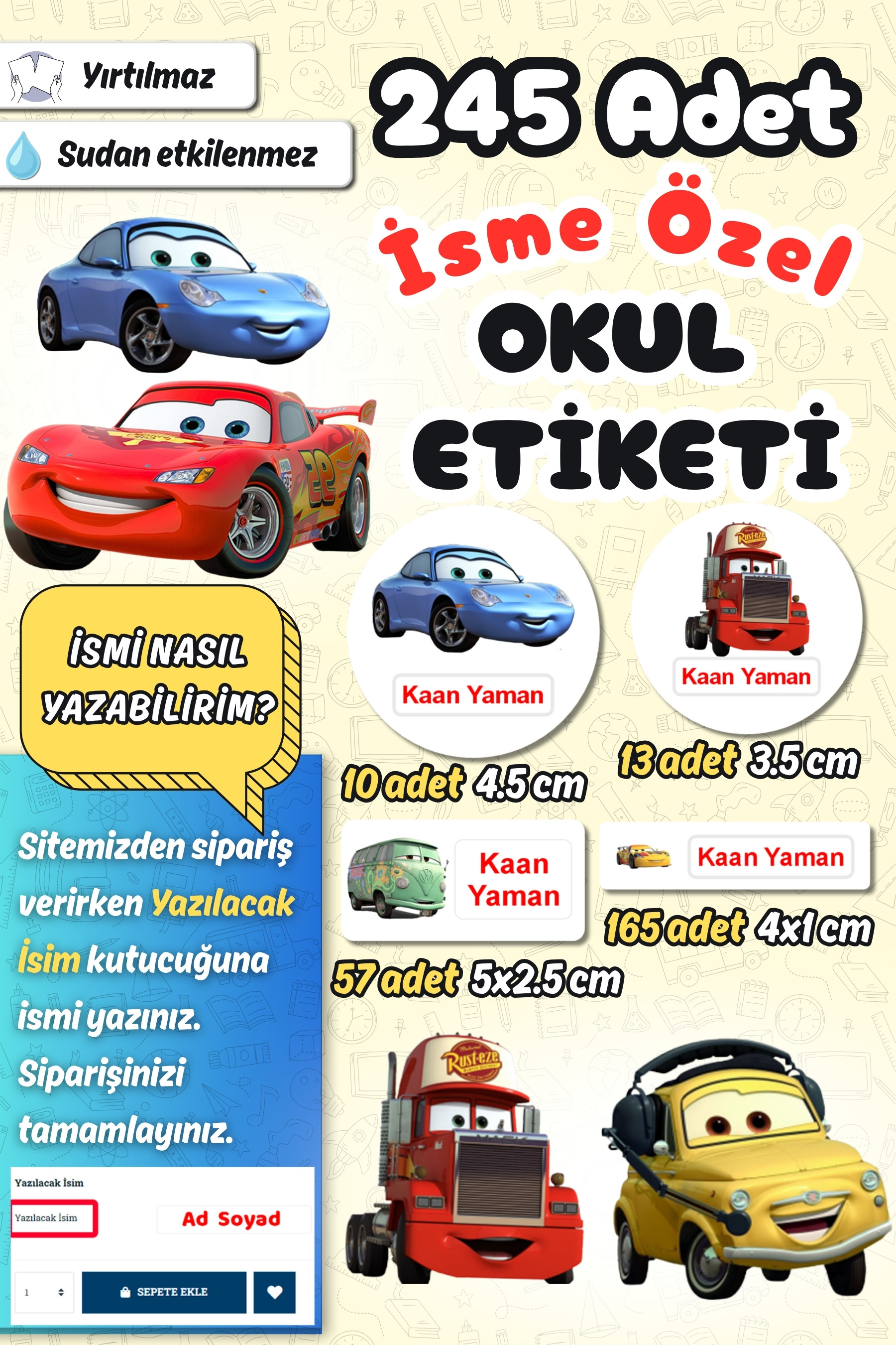 Okul Etiketi Cars Arabalar Temalı Kalem Defter Etiketi Araba Özel İsim Yazılabilen Etiket 245 Adet