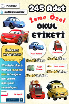Okul Etiketi Cars Arabalar Temalı Kalem Defter Etiketi Araba Özel İsim Yazılabilen Etiket 245 Adet