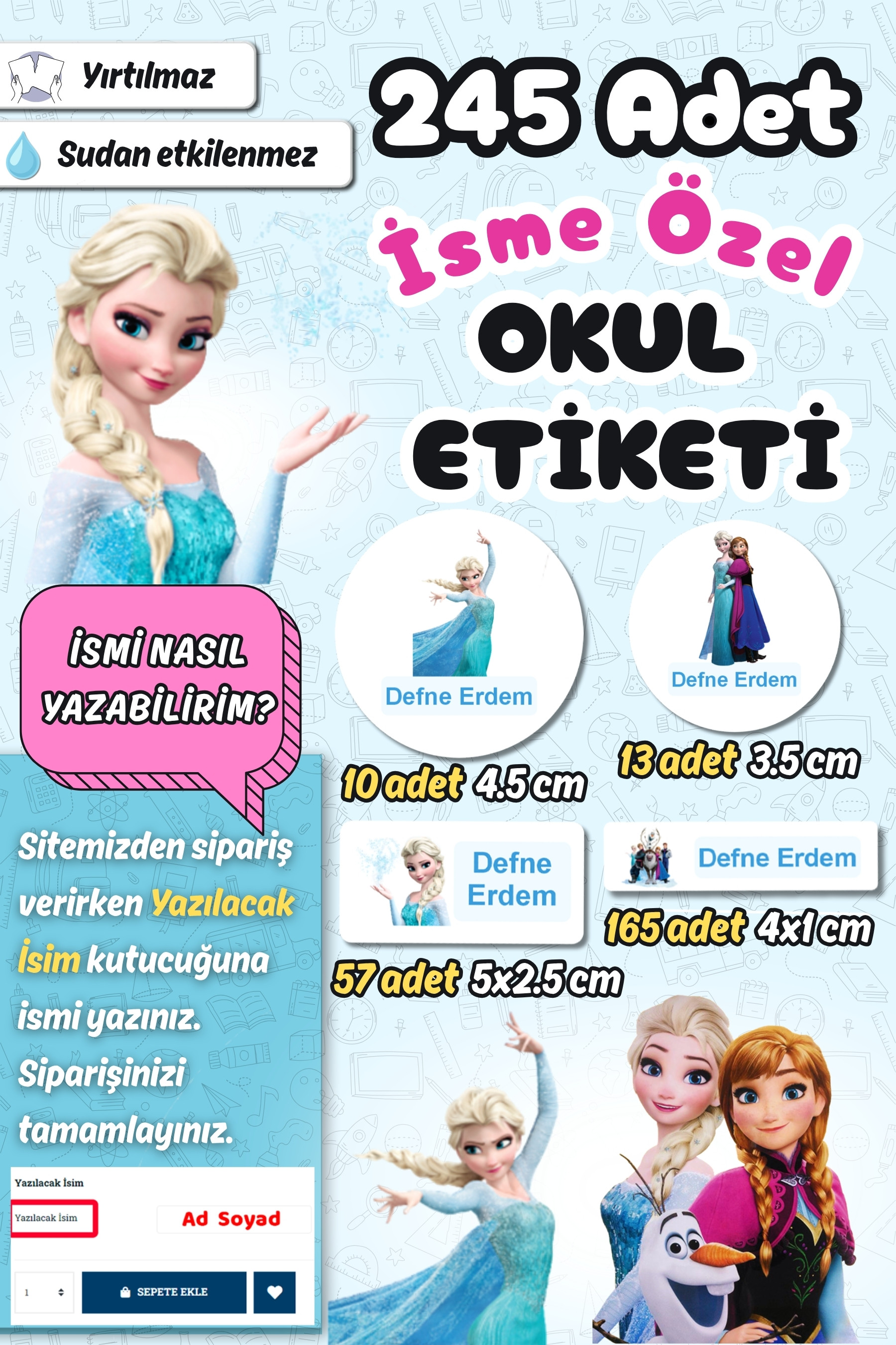 Okul Etiketi Elsa Frozen Temalı Kalem Defter Etiketi Özel İsim Yazılabilen Etiket 245 Adet