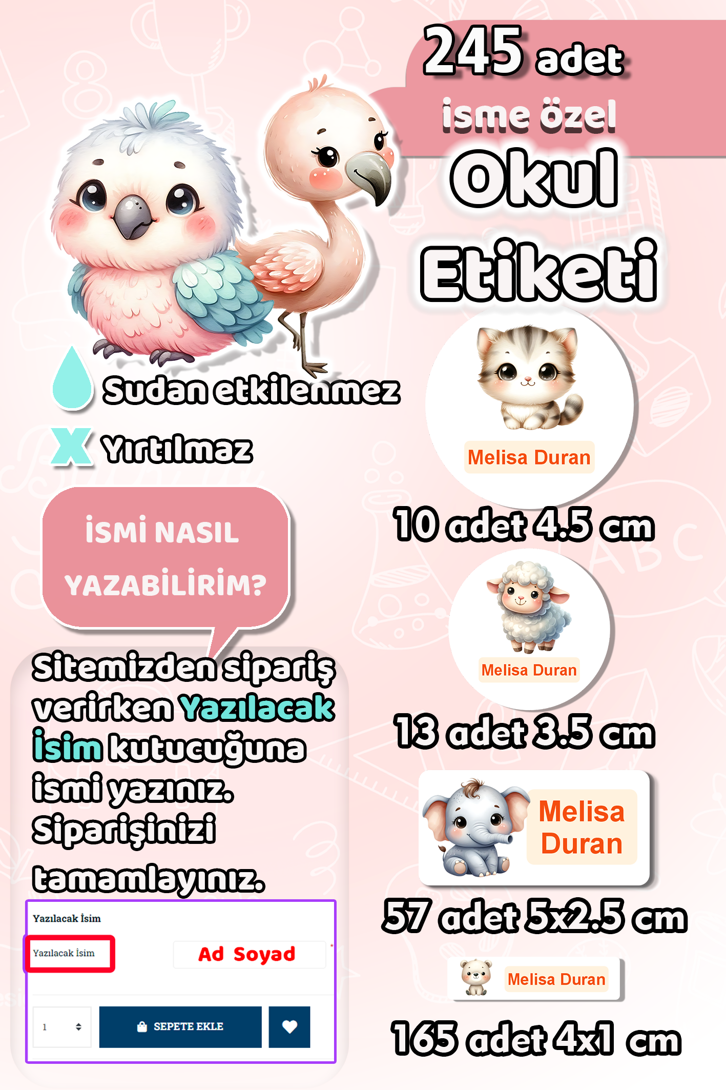 Okul Etiketi Şirin Hayvanlar Temalı Kalem Defter Etiketi Özel İsim Yazılabilen Etiket 245 Adet