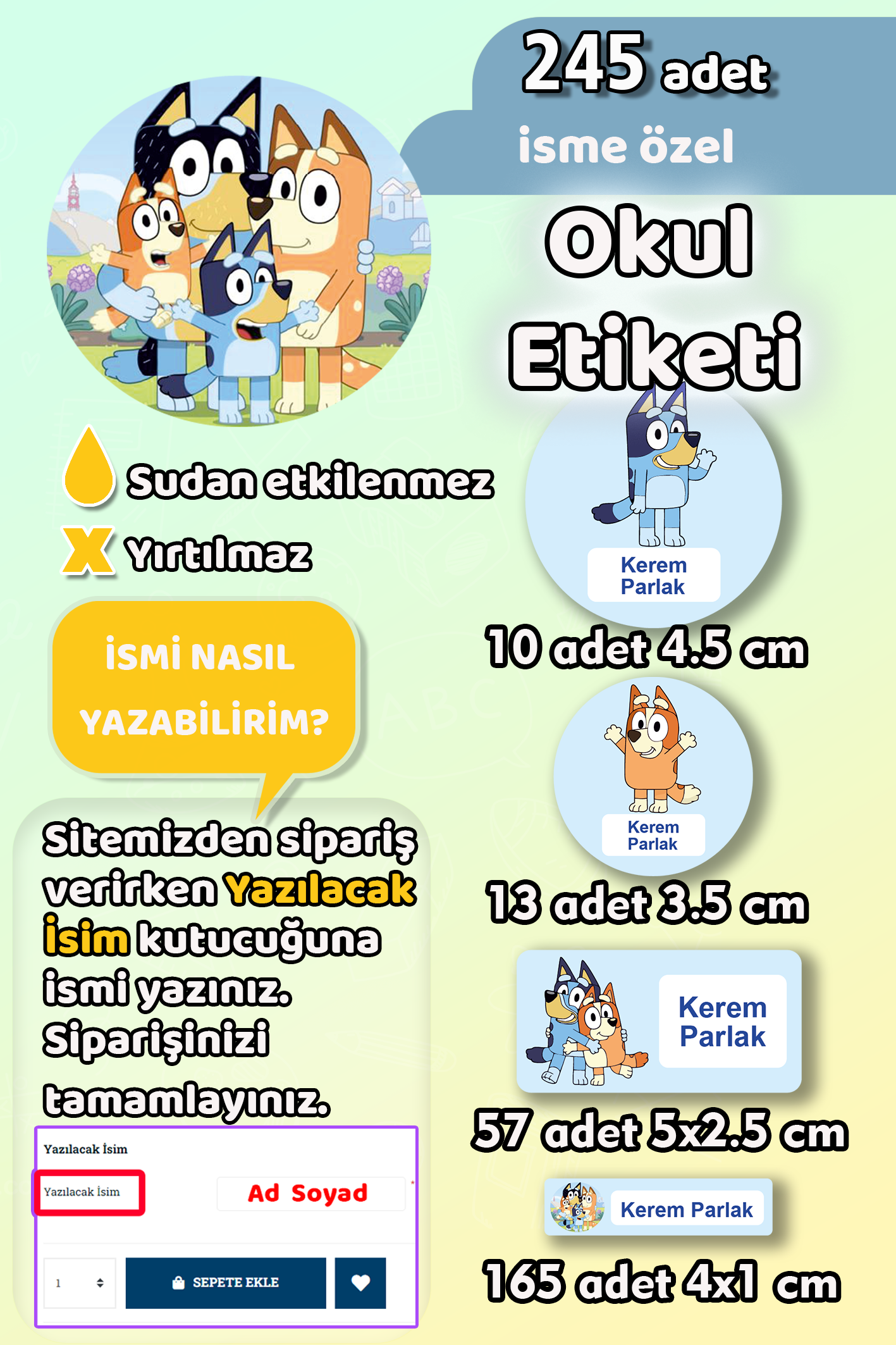 Okul Etiketi Bluey Temalı Kalem Defter Etiketi Özel İsim Yazılabilen Etiket 245 Adet İsim Etiketi