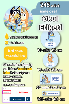 Okul Etiketi Bluey Temalı Kalem Defter Etiketi Özel İsim Yazılabilen Etiket 245 Adet İsim Etiketi