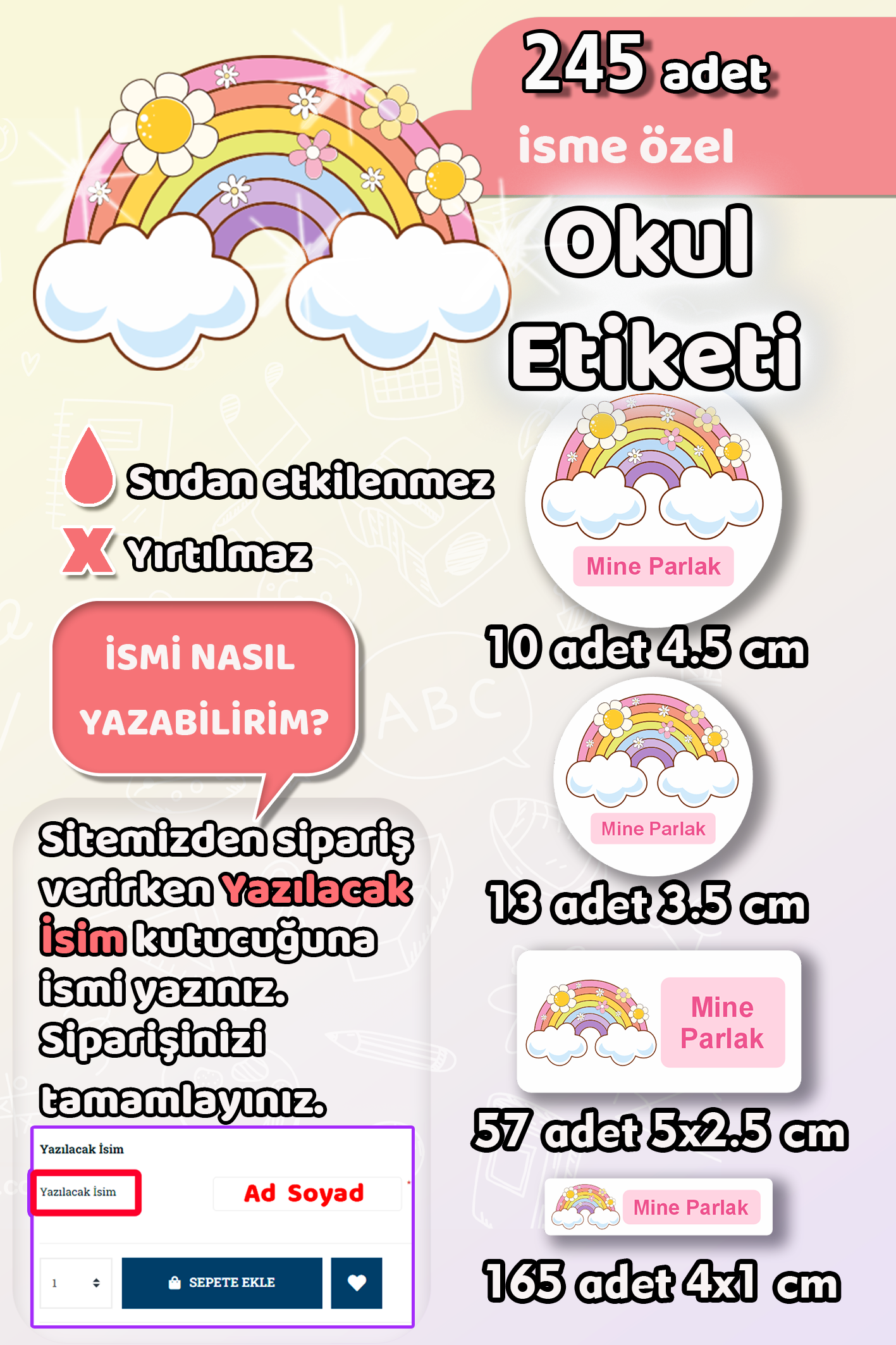 Okul Etiketi Çiçekli Gökkuşağı Kalem Defter Etiketi 245 Adet İsim Etiketi