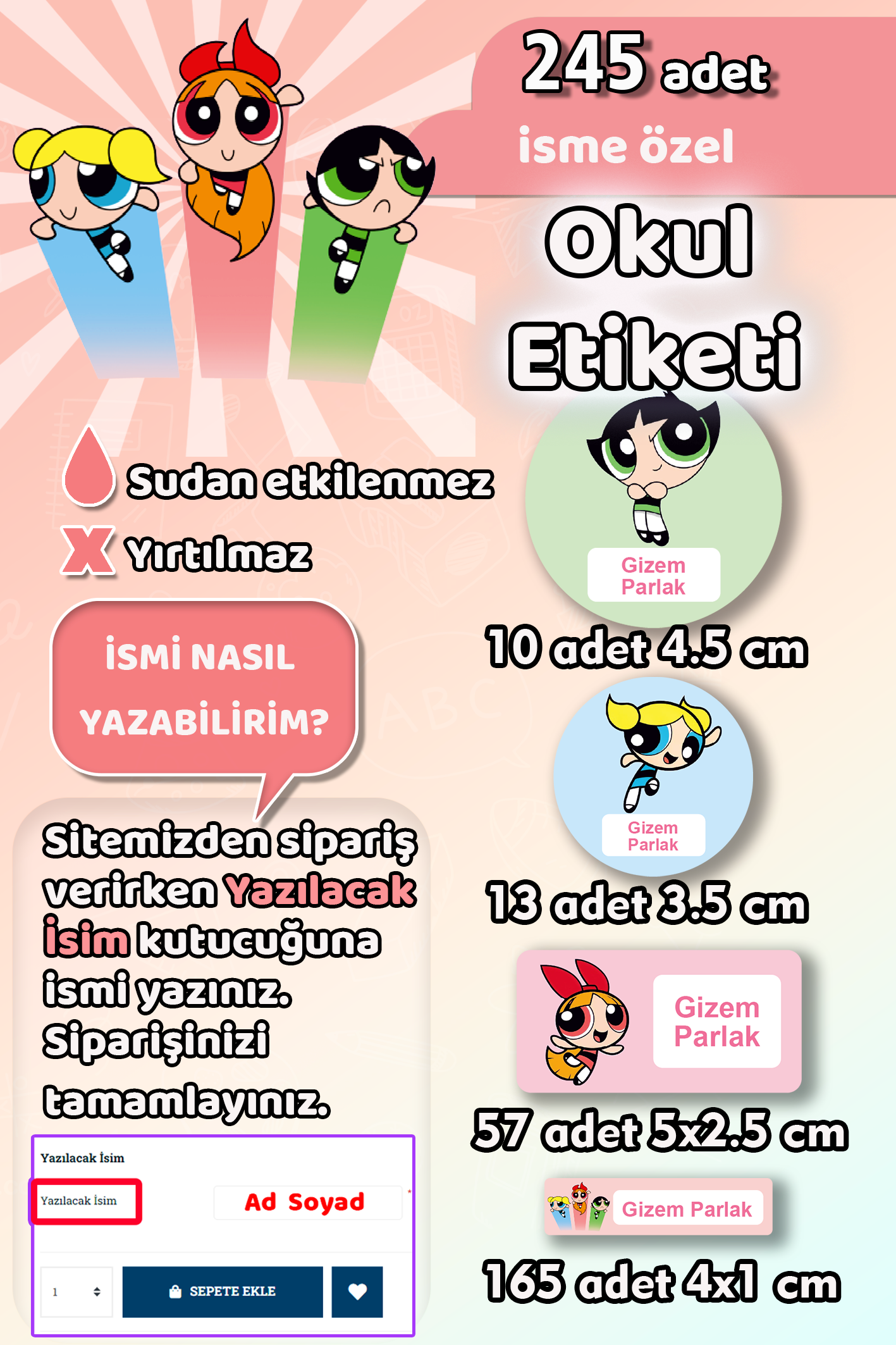 Okul Etiketi Powerpuff Girls Kalem Defter Etiketi Özel İsim Yazılabilen Etiket 245 Adet İsim Etiketi