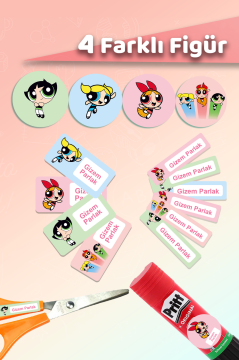 Okul Etiketi Powerpuff Girls Kalem Defter Etiketi Özel İsim Yazılabilen Etiket 245 Adet İsim Etiketi