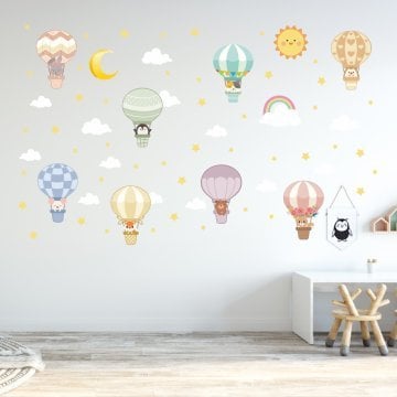 Beyaz Bulutlu Çoklu Balonda Hayvanlar Sticker Set