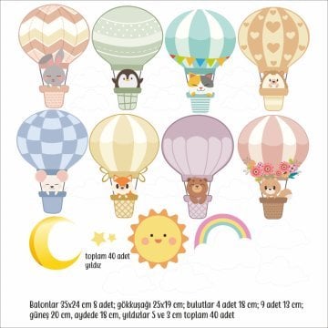 Beyaz Bulutlu Çoklu Balonda Hayvanlar Sticker Set