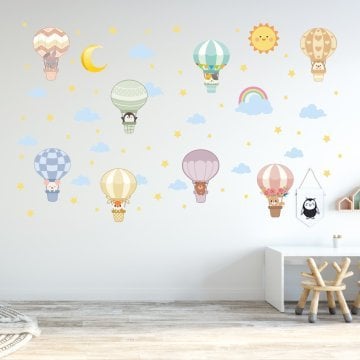 Soft Mavi Bulutlu Çoklu Balonda Hayvanlar Sticker Set