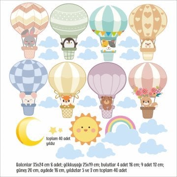 Soft Mavi Bulutlu Çoklu Balonda Hayvanlar Sticker Set