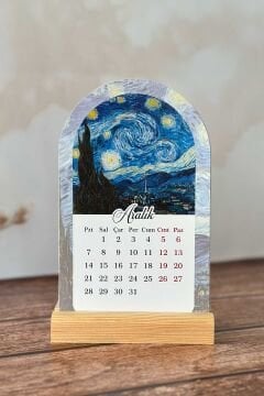 2026 Van Gogh Temalı Ahşap Standlı Özel Tasarım Takvim 2026 Masa Takvimi Hediye