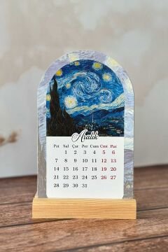 2026 Van Gogh Temalı Ahşap Standlı Özel Tasarım Takvim 2026 Masa Takvimi Hediye