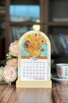 2026 Van Gogh Temalı Ahşap Standlı Özel Tasarım Takvim 2026 Masa Takvimi Hediye