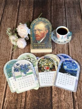 2026 Van Gogh Temalı Ahşap Standlı Özel Tasarım Takvim 2026 Masa Takvimi Hediye