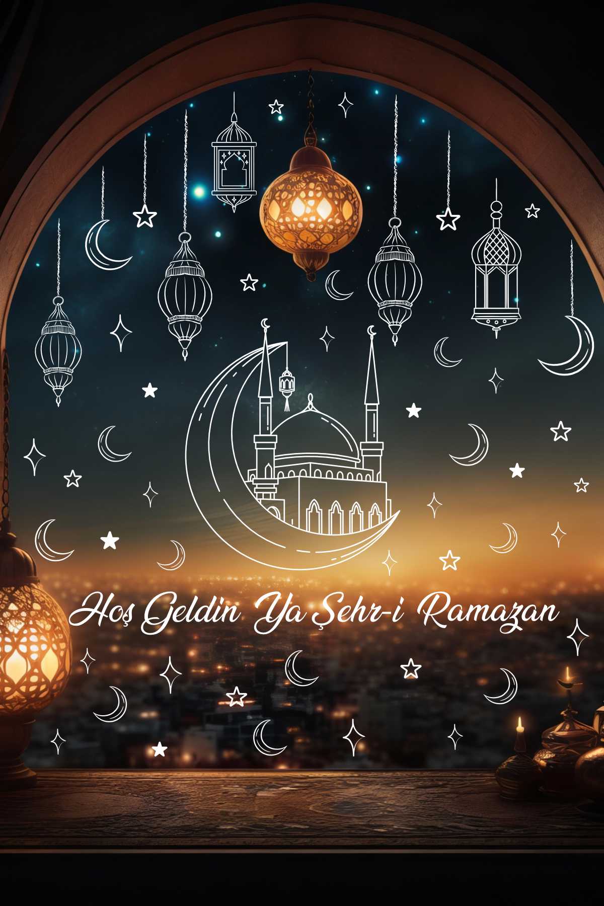 Ramazan Cam Sticker Seti Çift Taraflı Cami Ve Sarkıtlı Fenerler Ev Ve Vitrin Süsü