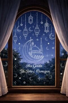 Ramazan Cam Sticker Seti Çift Taraflı Cami Ve Sarkıtlı Fenerler Ev Ve Vitrin Süsü