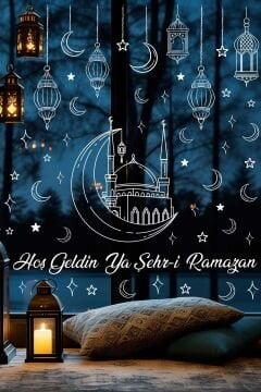 Ramazan Cam Sticker Seti Çift Taraflı Cami Ve Sarkıtlı Fenerler Ev Ve Vitrin Süsü