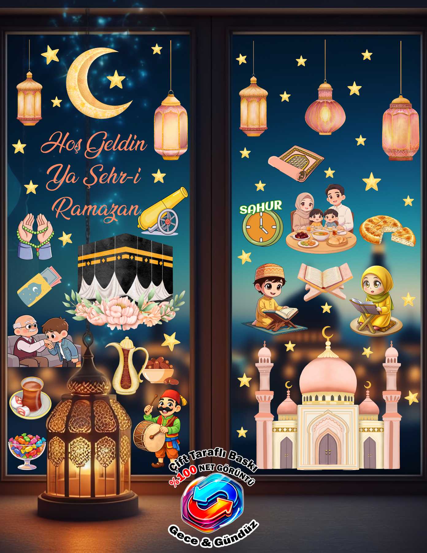 Kabe Ve Camili Çift Taraflı Ramazan Cam Sticker Seti Ramazan Süsleri
