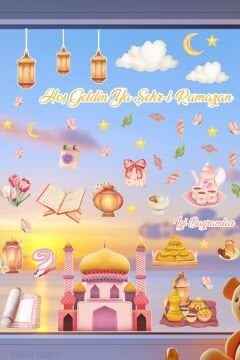 Ramazan Temalı Cami ve Ramazan Figürleri Cam Duvar Kapı Sticker Seti