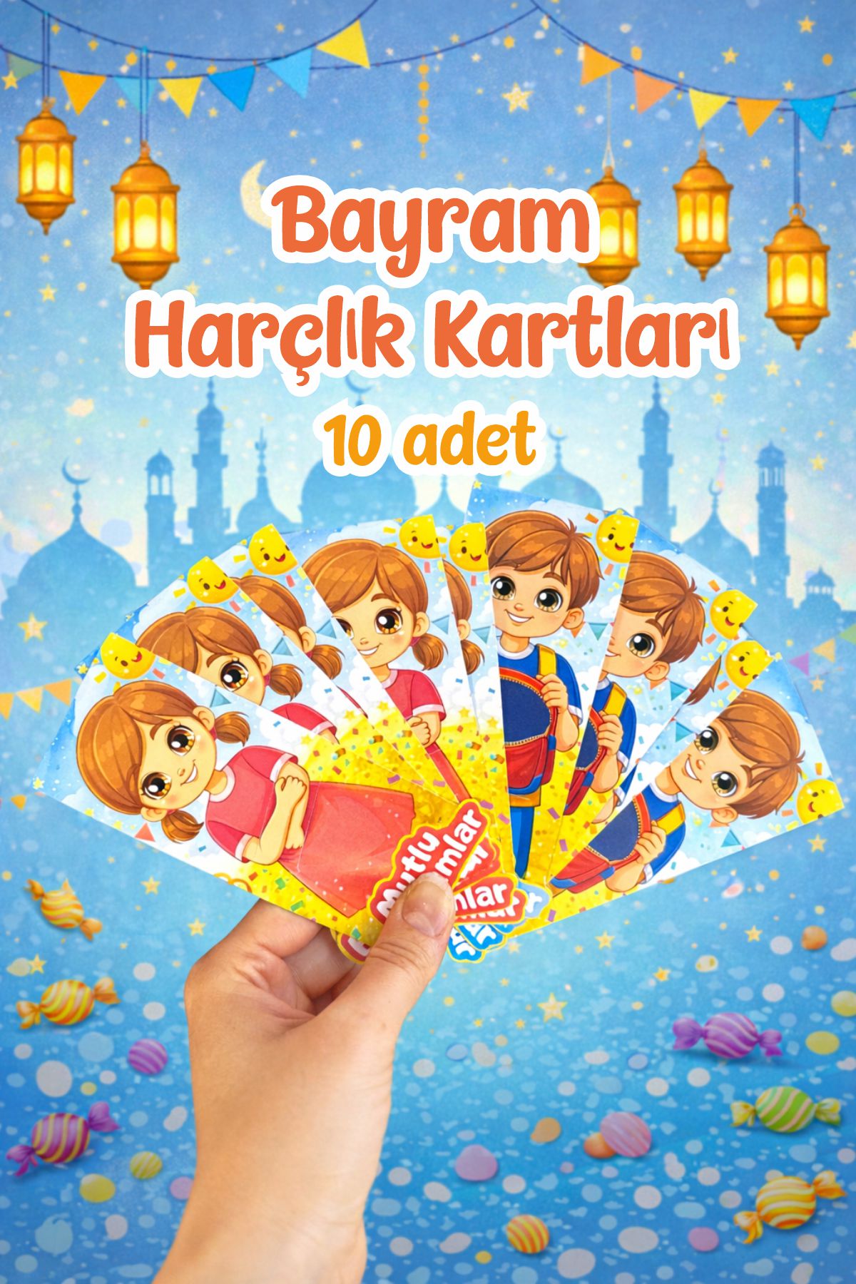 Çocuk Temalı Bayram Harçlık Kartı 10 Adet Kız Ve Erkek Ramazan ve Kurban Bayramı Tebrik Kartı