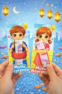 Çocuk Temalı Bayram Harçlık Kartı 10 Adet Kız Ve Erkek Ramazan ve Kurban Bayramı Tebrik Kartı