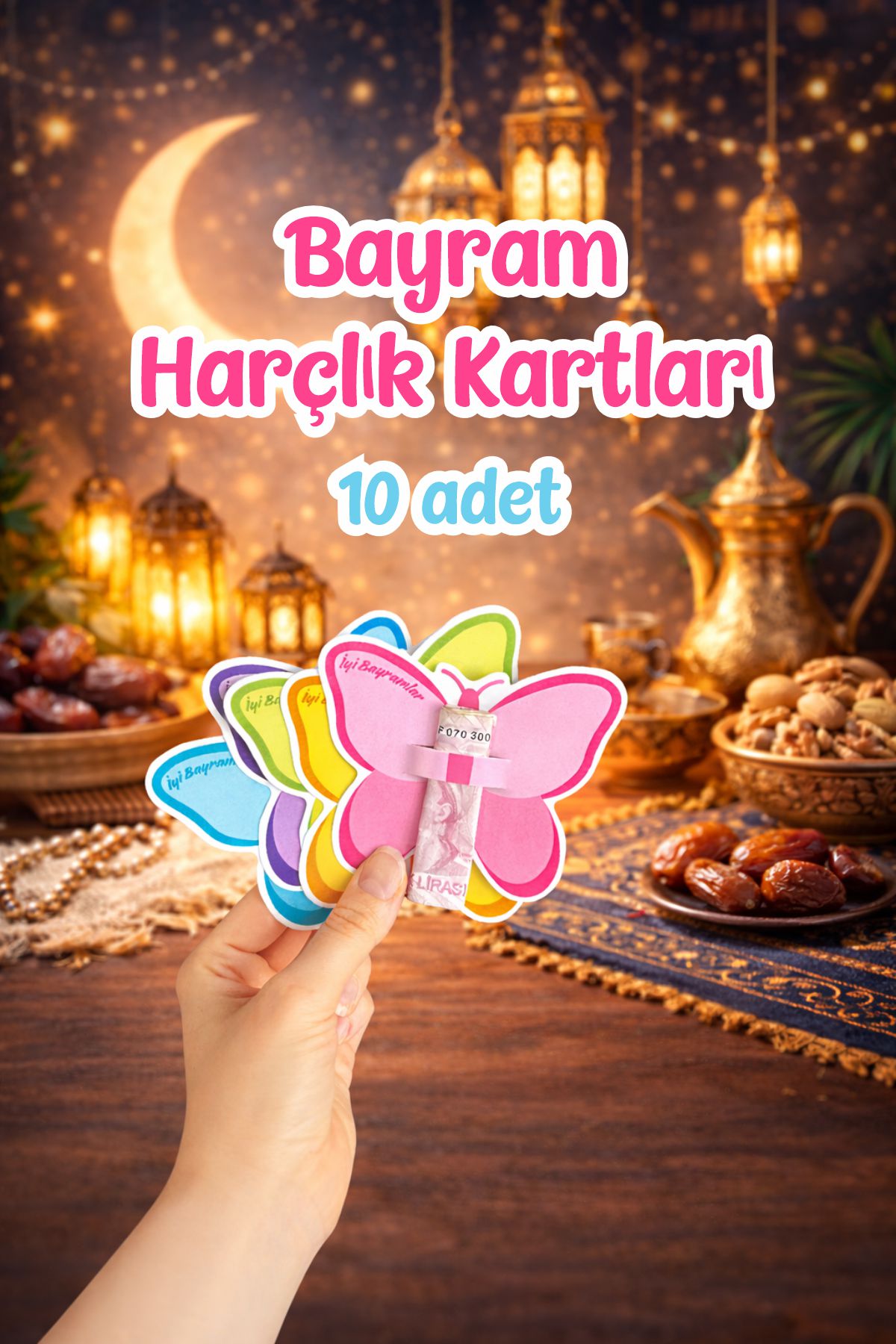 Kelebek Desenli Bayram Harçlık Kartı 10 Adet Karışık Renk Ramazan ve Kurban Bayramı Tebrik Kartı