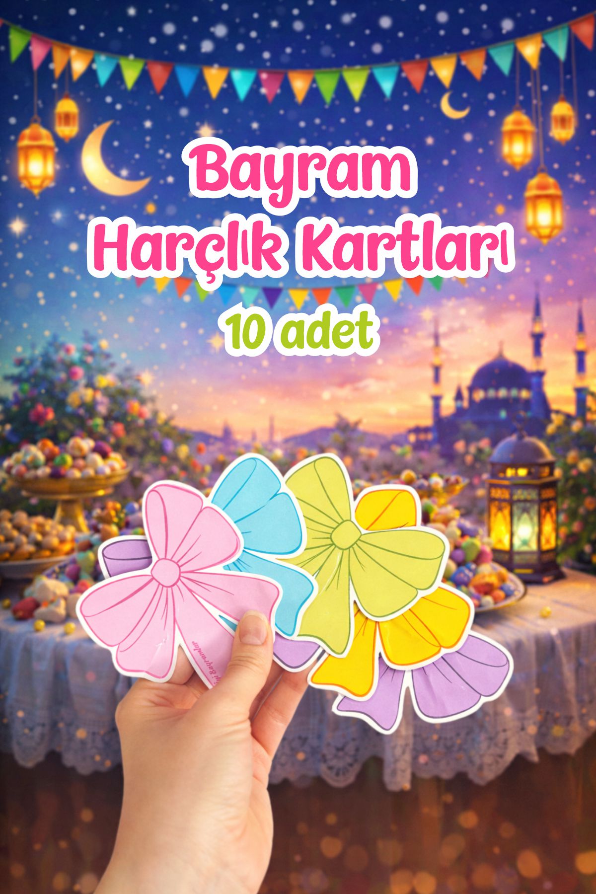 Fiyonk Desenli Bayram Harçlık Kartı 10 Adet Karışık Renk Ramazan ve Kurban Bayramı Tebrik Kartı