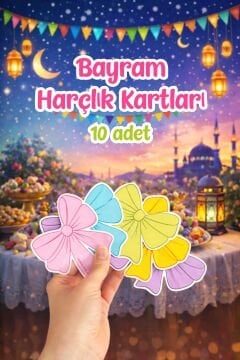 Fiyonk Desenli Bayram Harçlık Kartı 10 Adet Karışık Renk Ramazan ve Kurban Bayramı Tebrik Kartı