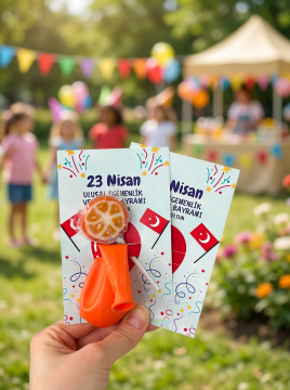 23 Nisan Temalı Kesikli 10 Adet 14x9 Cm Tebrik Bileklik Lolipop Hediye Kartı - 23 Nisan Hediyesi