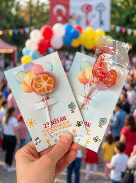 23 Nisan Temalı Kesikli 10 Adet 14x9 Cm Tebrik Bileklik Lolipop Hediye Kartı - 23 Nisan Hediyesi